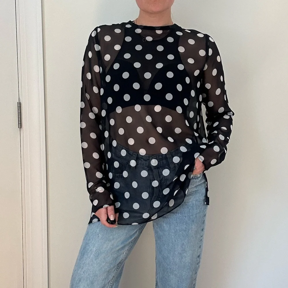 Custom Made Poly Chiffon Polka Dot Sheer Blouse /Hot Polka Dot Trend - Picture 3 of 8